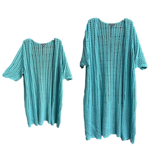 Jessica London Women's Plus Size Aqua Blue Crochet Duster Cardigan Size 26/28 4X